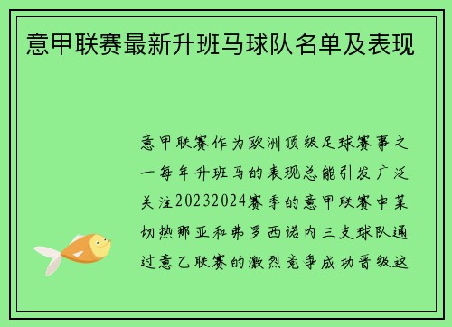 意甲联赛最新升班马球队名单及表现