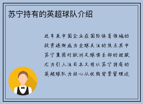 苏宁持有的英超球队介绍